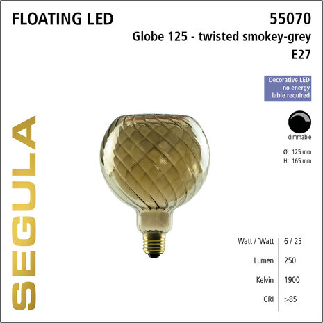 Segula Floating LED Twisted Smokey Grey SG-55070 Globelamp E27 6W | 125mm Dimbaar