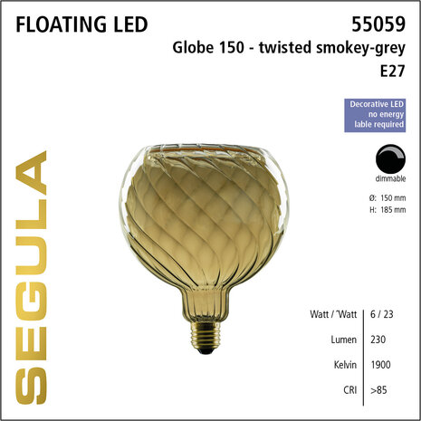 Segula Floating LED Twisted Smokey Grey SG-55059 Globelamp E27 6W | 150mm Dimbaar