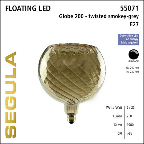 Segula Floating LED Twisted Smokey Grey SG-55070 Globelamp E27 6W | 200mm Dimbaar