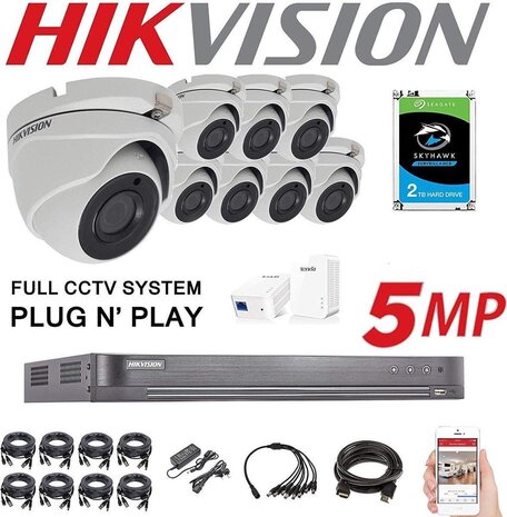 KIT HIKVISION 5 MP HDTVI Full HD 4K DVR 8 ch H.265 + 8x Turret Camera 5 MP 2.8mm Audio IR20m DS-2CE76H0T-ITMS + 2TB