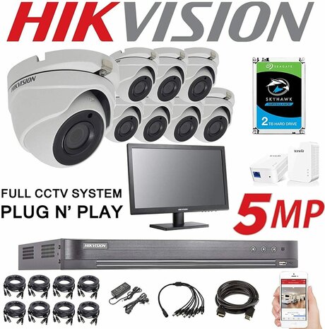 KIT HIKVISION 5 MP HDTVI Full HD 4K DVR 8 ch H.265 + 8x Turret Camera 5 MP 2.8mm Audio IR20m DS-2CE76H0T-ITMS + 2TB + 22&#039;&#039; HIKVISION Monitor