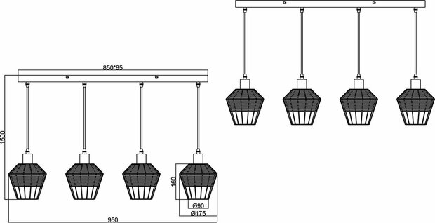 Reality - Borka - LED Hanglamp - Hangverlichting - E27 Fitting - 4-lichts - Rechthoek - Bruin - Aluminium