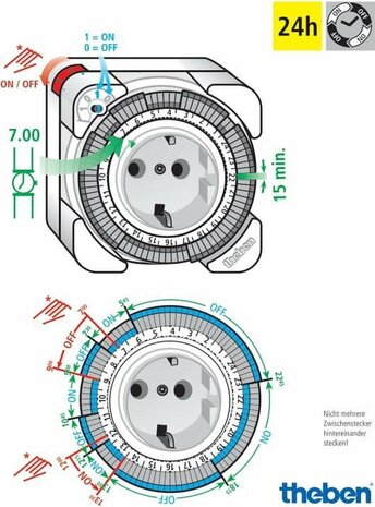 Theben schakelklok 0260841 timer 26 UTE (Franse standaard), BE Belgische stekker plug (met pin), stopcontact timer analoog, 1-kanaals, tijdprogramma stekker, 24 uur, wit