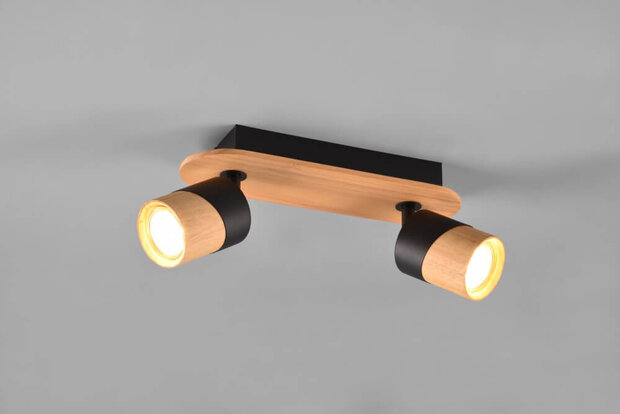 Trio Plafondlamp hout met zwart Aruni 2-lichts