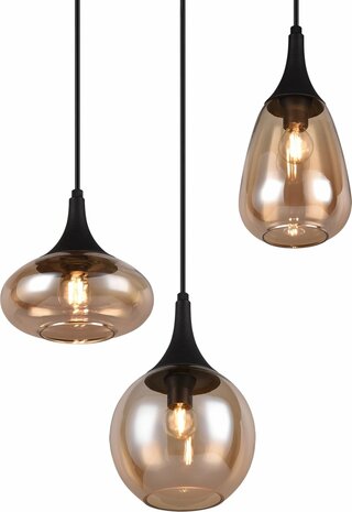 TRIO LUMINA Hanglamp - Zwart mat met amber glas excl. 6x E14