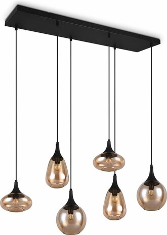 TRIO LUMINA Hanglamp - Zwart mat met amber glas excl. 6x E14