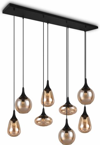 TRIO LUMINA Hanglamp - Zwart mat met amber glas excl. 8x E14