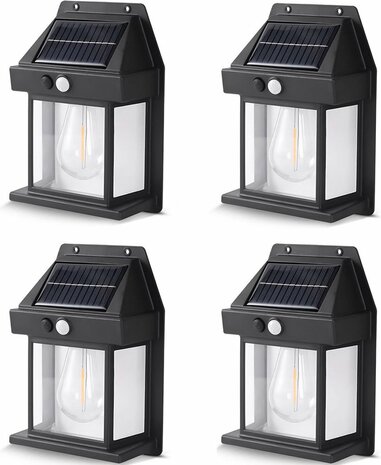 RABI - 4 Stuks - Solar Led wandlamp buiten - Tuinverlichting op zonne-energie - Met Ingebouwde Bewegingssensor - Zwart - 3000K Warm Wit